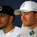 Lewis Hamilton (GBR) Mercedes AMG F1 and Nico Rosberg (GER) Mercedes AMG F1 in the Press Conference at Formula One World Championship, Rd5, Spanish Grand Prix Race, Barcelona, Spain, Sunday 10 May 2015. © Sutton Motorsport Images