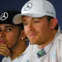Lewis Hamilton (GBR) Mercedes AMG F1 and Nico Rosberg (GER) Mercedes AMG F1 in the Press Conference at Formula One World Championship, Rd5, Spanish Grand Prix Race, Barcelona, Spain, Sunday 10 May 2015. © Sutton Motorsport Images