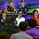 (L to R): Felipe Nasr (BRA) Sauber, Nico Rosberg (GER) Mercedes AMG F1, Daniil Kyvat (RUS) Red Bull Racing, Carlos Sainz jr (ESP) Scuderia Toro Rosso, Fernando Alonso (ESP) McLaren and Roberto Merhi (SPA) Marussia in the press conferance at Formula One World Championship, Rd5, Spanish Grand Prix Preparations, Barcelona, Spain, Thursday 7 May 2015. © Sutton Motorsport Images