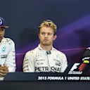 (L to R): Lewis Hamilton (GBR) Mercedes AMG F1, Pole sitter Nico Rosberg (GER) Mercedes AMG F1 and Daniel Ricciardo (AUS) Red Bull Racing in the press conference at Formula One World Championship, Rd16, United States  Grand Prix, Qualifying, Austin, Texas, USA, Sunday 25 October 2015. © Sutton Motorsport Images
