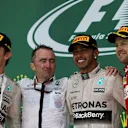 (L to R): Nico Rosberg (GER) Mercedes AMG F1, Paddy Lowe (GBR) Mercedes AMG F1 Executive Director (Technical), Lewis Hamilton (GBR) Mercedes AMG F1 and Sebastian Vettel (GER) Ferrari celebrate on the podium at Formula One World Championship, Rd16, United States  Grand Prix, Race, Austin, Texas, USA, Sunday 25 October 2015. © Sutton Motorsport Images
