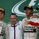 (L to R): Nico Rosberg (GER) Mercedes AMG F1, Paddy Lowe (GBR) Mercedes AMG F1 Executive Director (Technical), Lewis Hamilton (GBR) Mercedes AMG F1 and Sebastian Vettel (GER) Ferrari celebrate on the podium at Formula One World Championship, Rd16, United States  Grand Prix, Race, Austin, Texas, USA, Sunday 25 October 2015. © Sutton Motorsport Images