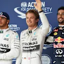 (L to R): Lewis Hamilton (GBR) Mercedes AMG F1, pole sitter Nico Rosberg (GER) Mercedes AMG F1 and Daniel Ricciardo (AUS) Red Bull Racing celebrates in parc ferme at Formula One World Championship, Rd16, United States  Grand Prix, Qualifying, Austin, Texas, USA, Sunday 25 October 2015. © Sutton Motorsport Images