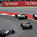 Lewis Hamilton (GBR) Mercedes AMG F1 W06 and Nico Rosberg (GER) Mercedes AMG F1 W06 battle at the start of the race at Formula One World Championship, Rd16, United States  Grand Prix, Race, Austin, Texas, USA, Sunday 25 October 2015. © Sutton Motorsport Images