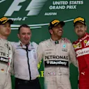 (L to R): Nico Rosberg (GER) Mercedes AMG F1, Paddy Lowe (GBR) Mercedes AMG F1 Executive Director (Technical), Lewis Hamilton (GBR) Mercedes AMG F1 and Sebastian Vettel (GER) Ferrari celebrate on the podium at Formula One World Championship, Rd16, United States Grand Prix, Race, Austin, Texas, USA, Sunday 25 October 2015. © Sutton Motorsport Images