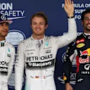 (L to R): Lewis Hamilton (GBR) Mercedes AMG F1, pole sitter Nico Rosberg (GER) Mercedes AMG F1 and Daniel Ricciardo (AUS) Red Bull Racing celebrate in parc ferme at Formula One World Championship, Rd16, United States  Grand Prix, Qualifying, Austin, Texas, USA, Sunday 25 October 2015. © Sutton Motorsport Images