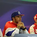 Nico Rosberg (GER) Mercedes AMG F1, Lewis Hamilton (GBR) Mercedes AMG F1 and Sebastian Vettel (GER) Ferrari in the Press Conference at Formula One World Championship, Rd16, United States  Grand Prix, Race, Austin, Texas, USA, Sunday 25 September 2015. © Sutton Motorsport Images