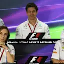 (L to R): Otmar Szafnauer (USA) Force India Formula One Team Chief Operating Officer, Toto Wolff (AUT) Mercedes AMG F1 Director of Motorsport, Stephen Fitzpatrick (GBR) Manor Racing Team Owner, Claire Williams (GBR) Williams Deputy Team Principal and Monisha Kaltenborn (AUT) Sauber Team Prinicpal in the Press Conference at Formula One World Championship, Rd21, Abu Dhabi Grand Prix, Practice, Yas Marina Circuit, Abu Dhabi, UAE, Friday 25 November 2016. © Sutton Images