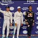 (L to R): Nico Rosberg (GER) Mercedes AMG F1, pole sitter Lewis Hamilton (GBR) Mercedes AMG F1 and Daniel Ricciardo (AUS) Red Bull Racing celebrate in parc ferme at Formula One World Championship, Rd21, Abu Dhabi Grand Prix, Qualifying, Yas Marina Circuit, Abu Dhabi, UAE, Saturday 26 November 2016. © Sutton Images