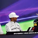 (L to R): Nico Rosberg (GER) Mercedes AMG F1, Lewis Hamilton (GBR) Mercedes AMG F1 and Daniel Ricciardo (AUS) Red Bull Racing in the Press Conference at Formula One World Championship, Rd21, Abu Dhabi Grand Prix, Qualifying, Yas Marina Circuit, Abu Dhabi, UAE, Saturday 26 November 2016. © Sutton Images