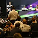 Matteo Bonciani (ITA) FIA Media Delegate, World Champion Nico Rosberg (GER) Mercedes AMG F1, race winner Lewis Hamilton (GBR) Mercedes AMG F1 and Sebastian Vettel (GER) Ferrari in the Press Conference at Formula One World Championship, Rd21, Abu Dhabi Grand Prix, Race, Yas Marina Circuit, Abu Dhabi, UAE, Sunday 27 November 2016. © Sutton Images