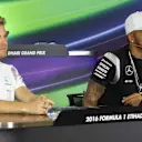 Nico Rosberg (GER) Mercedes AMG F1 and Lewis Hamilton (GBR) Mercedes AMG F1 in the Press Conference at Formula One World Championship, Rd21, Abu Dhabi Grand Prix, Preparations, Yas Marina Circuit, Abu Dhabi, UAE, Thursday 24 November 2016. © Sutton Images