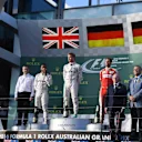 (L to R): Lewis Hamilton (GBR) Mercedes AMG F1, race winner Nico Rosberg (GER) Mercedes AMG F1 and Sebastian Vettel (GER) Ferrari on the podium at Formula One World Championship, Rd1, Australian Grand Prix, Race, Albert Park, Melbourne, Australia, Sunday 20 March 2016. © Sutton Motorsport Images