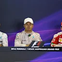 Lewis Hamilton (GBR) Mercedes AMG F1, Nico Rosberg (GER) Mercedes AMG F1 and Sebastian Vettel (GER) Scuderia Ferrari in the press conference at Formula One World Championship, Rd1, Australian Grand Prix, Race, Albert Park, Melbourne, Australia, Sunday 20 March 2016. © Sutton Motorsport Images