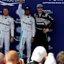 Pole sitter Lewis Hamilton (GBR) Mercedes AMG F1 celebrates with Nico Rosberg (GER) Mercedes AMG F1 and Nico Hulkenberg (GER) Force India F1 at Formula One World Championship, Rd9, Austrian Grand Prix, Qualifying, Spielberg, Austria, Saturday 2 July 2016. © Sutton Images