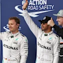 (L to R): Nico Rosberg (GER) Mercedes AMG F1, pole sitter Lewis Hamilton (GBR) Mercedes AMG F1 and Nico Hulkenberg (GER) Force India F1 celebrate in parc ferme at Formula One World Championship, Rd9, Austrian Grand Prix, Qualifying, Spielberg, Austria, Saturday 2 July 2016. © Sutton Images