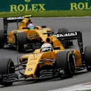 Kevin Magnussen (DEN) Renault Sport F1 Team RS16 leads Jolyon Palmer (GBR) Renault Sport F1 Team RS16 at Formula One World Championship, Rd9, Austrian Grand Prix, Race, Spielberg, Austria, Sunday 3 July 2016. © Sutton Images