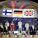 Podium (L to R): Aldo Costa (ITA) Mercedes AMG F1 Engineering Director, Kimi Raikkonen (FIN) Ferrari, race winner Nico Rosberg (GER) Mercedes AMG F1 and Lewis Hamilton (GBR) Mercedes AMG F1 at Formula One World Championship, Rd2, Bahrain Grand Prix Race, Bahrain International Circuit, Sakhir, Bahrain, Sunday 3 April 2016. © Sutton Motorsport Images