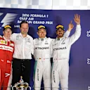 (L to R): Kimi Raikkonen (FIN) Ferrari, Aldo Costa (ITA) Mercedes AMG F1 Engineering Director, Nico Rosberg (GER) Mercedes AMG F1 and Lewis Hamilton (GBR) Mercedes AMG F1 celebrate on the podium at Formula One World Championship, Rd2, Bahrain Grand Prix Race, Bahrain International Circuit, Sakhir, Bahrain, Sunday 3 April 2016. © Sutton Motorsport Images