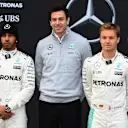 (L to R): Lewis Hamilton (GBR) Mercedes AMG F1, Toto Wolff (AUT) Mercedes AMG F1 Director of Motorsport and Nico Rosberg (GER) Mercedes AMG F1 at Formula One Testing, Day One, Barcelona, Spain, Monday 22 February 2016. © Sutton Motorsport Images