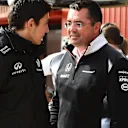 Esteban Ocon (FRA) Renault Sport F1 Team and Eric Boullier (FRA) McLaren Racing Director at Formula One Testing, Day One, Barcelona, Spain, Monday 22 February 2016. © Sutton Motorsport Images