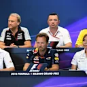 (L to R): Robert Fearnley (GBR) Force India F1 Team Deputy Team Principal, Eric Boullier (FRA) McLaren Racing Director, Frederic Vasseur (FRA) Renault Sport F1 Team Racing Director, Monisha Kaltenborn (AUT) Sauber Team Prinicpal, Christian Horner (GBR) Red Bull Racing Team Principal and Claire Williams (GBR) Williams Deputy Team Principal in the Press Conference at Formula One World Championship, Rd13, Belgian Grand Prix, Practice, Spa Francorchamps, Belgium, Friday 26 August 2016. © Sutton Images