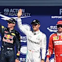 (L to R): Max Verstappen (NED) Red Bull Racing, pole sitter Nico Rosberg (GER) Mercedes AMG F1 and Kimi Raikkonen (FIN) Ferrari celebrate in parc ferme at Formula One World Championship, Rd13, Belgian Grand Prix, Qualifying, Spa Francorchamps, Belgium, Saturday 27 August 2016. © Sutton Images