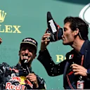 Daniel Ricciardo (AUS) Red Bull Racing celebrates on the podium and Mark Webber (AUS) drinks champagne from his boot at Formula One World Championship, Rd13, Belgian Grand Prix, Race, Spa Francorchamps, Belgium, Sunday 28 August 2016. © Sutton Images