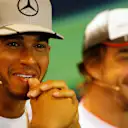 Lewis Hamilton (GBR) Mercedes AMG F1 and Fernando Alonso (ESP) McLaren in the Press Conference at Formula One World Championship, Rd13, Belgian Grand Prix, Preparations, Spa Francorchamps, Belgium, Thursday 25 August 2016. © Sutton Images