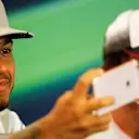 Lewis Hamilton (GBR) Mercedes AMG F1 selfie in the Press Conference at Formula One World Championship, Rd13, Belgian Grand Prix, Preparations, Spa Francorchamps, Belgium, Thursday 25 August 2016. © Sutton Images