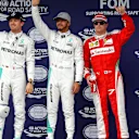 Nico Rosberg (GER) Mercedes AMG F1, pole sitter Lewis Hamilton (GBR) Mercedes AMG F1 and Kimi Raikkonen (FIN) Ferrari celebrate in parc ferme at Formula One World Championship, Rd20, Brazilian Grand Prix, Qualifying, Interlagos, Sao Paulo, Brazil, Saturday 12 November 2016. © Sutton Images