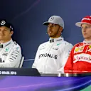 Nico Rosberg (GER) Mercedes AMG F1, pole sitter Lewis Hamilton (GBR) Mercedes AMG F1 and Kimi Raikkonen (FIN) Ferrari in the Press Conference at Formula One World Championship, Rd20, Brazilian Grand Prix, Qualifying, Interlagos, Sao Paulo, Brazil, Saturday 12 November 2016. © Sutton Images