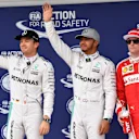 (L to R): Nico Rosberg (GER) Mercedes AMG F1, Lewis Hamilton (GBR) Mercedes AMG F1 and Kimi Raikkonen (FIN) Ferrari celebrate in parc ferme at Formula One World Championship, Rd20, Brazilian Grand Prix, Qualifying, Interlagos, Sao Paulo, Brazil, Saturday 12 November 2016. © Sutton Images