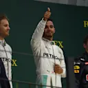 Nico Rosberg (GER) Mercedes AMG F1, Bradley Lord (GBR) Mercedes AMG F1 Communication Manager, Lewis Hamilton (GBR) Mercedes AMG F1 and Max Verstappen (NED) Red Bull Racing celebrate on the podium at Formula One World Championship, Rd20, Brazilian Grand Prix, Race, Interlagos, Sao Paulo, Brazil, Sunday 13 November 2016. © Sutton Images