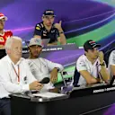 Daniel Ricciardo (AUS) Red Bull Racing, Sebastian Vettel (GER) Ferrari, Max Verstappen (NED) Red Bull Racing, Charlie Whiting (GBR) FIA Delegate, Lewis Hamilton (GBR) Mercedes AMG F1, Felipe Massa (BRA) Williams and Nico Rosberg (GER) Mercedes AMG F1 in the Press Conference at Formula One World Championship, Rd20, Brazilian Grand Prix, Preparations, Interlagos, Sao Paulo, Brazil, Thursday 10 November 2016. © Sutton Images