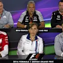 (L to R): Dave Ryan (GBR) Manor Racing Racing Director, Dr. Vijay Mallya (IND) Force India Formula One Team Owner, Eric Boullier (FRA) McLaren Racing Director, Maurizio Arrivabene (ITA) Ferrari Team Principal, Claire Williams (GBR) Williams Deputy Team Principal and Toto Wolff (AUT) Mercedes AMG F1 Director of Motorsport in the Press Conference at Formula One World Championship, Rd10, British Grand Prix, Practice, Silverstone, England, Friday 8 July 2016. © Sutton Images