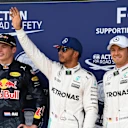 (L to R): Max Verstappen (NED) Red Bull Racing, pole sitter Lewis Hamilton (GBR) Mercedes AMG F1 and Nico Rosberg (GER) Mercedes AMG F1 celebrate in parc ferme at Formula One World Championship, Rd10, British Grand Prix, Qualifying, Silverstone, England, Saturday 9 July 2016. © Sutton Images