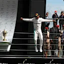 Race winner Lewis Hamilton (GBR) Mercedes AMG F1 celebrates on the podium at Formula One World Championship, Rd10, British Grand Prix, Race, Silverstone, England, Sunday 10 July 2016. © Sutton Images