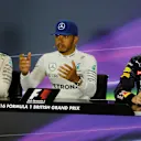 Nico Rosberg (GER) Mercedes AMG F1, Lewis Hamilton (GBR) Mercedes AMG F1 and Max Verstappen (NED) Red Bull Racing in the Press Conference at Formula One World Championship, Rd10, British Grand Prix, Race, Silverstone, England, Sunday 10 July 2016. © Sutton Images