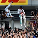 Race winner Lewis Hamilton (GBR) Mercedes AMG F1 celebrates with the fans at Formula One World Championship, Rd10, British Grand Prix, Race, Silverstone, England, Sunday 10 July 2016. © Sutton Images