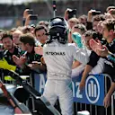 Nico Rosberg (GER) Mercedes AMG F1 celebrates in parc ferme with the team at Formula One World Championship, Rd10, British Grand Prix, Race, Silverstone, England, Sunday 10 July 2016. © Sutton Images