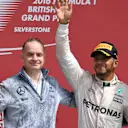 (L to R): Nico Rosberg (GER) Mercedes AMG F1, John Owen (GBR) Mercedes AMG F1 Chief Designer, Lewis Hamilton (GBR) Mercedes AMG F1 and Max Verstappen (NED) Red Bull Racing celebrate on the podium at Formula One World Championship, Rd10, British Grand Prix, Race, Silverstone, England, Sunday 10 July 2016. © Sutton Images