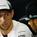 Jenson Button (GBR) McLaren and Lewis Hamilton (GBR) Mercedes AMG F1 in the Press Conference at Formula One World Championship, Rd10, British Grand Prix, Preparations, Silverstone, England, Thursday 7 July 2016. © Sutton Images