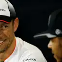 Jenson Button (GBR) McLaren and Lewis Hamilton (GBR) Mercedes AMG F1 in the Press Conference at Formula One World Championship, Rd10, British Grand Prix, Preparations, Silverstone, England, Thursday 7 July 2016. © Sutton Images