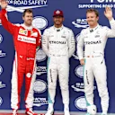 (L to R): Sebastian Vettel (GER) Ferrari, pole sitter Lewis Hamilton (GBR) Mercedes AMG F1 and Nico Rosberg (GER) Mercedes AMG F1 celebrate in parc ferme at Formula One World Championship, Rd7, Canadian Grand Prix, Qualifying, Montreal, Canada, Saturday 11 June 2016. © Sutton Images