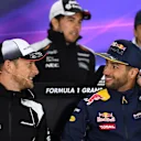Jenson Button (GBR) McLaren and Daniel Ricciardo (AUS) Red Bull Racing in the Press Conference at Formula One World Championship, Rd7, Canadian Grand Prix, Preparations, Montreal, Canada, Thursday 9 June 2016. © Sutton Images