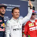 Daniel Ricciardo (AUS) Red Bull Racing, pole sitter Nico Rosberg (GER) Mercedes AMG F1 and Kimi Raikkonen (FIN) Ferrari celebrate in parc ferme at Formula One World Championship, Rd3, Chinese Grand Prix, Qualifying, Shanghai, China, Saturday 16 April 2016. © Sutton Motorsport Images