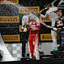 Tony Ross (GBR) Mercedes AMG F1 Race Engineer, Nico Rosberg (GER) Mercedes AMG F1, Sebastian Vettel (GER) Ferrari and Daniil Kvyat (RUS) Red Bull Racing celebrate on the podium with the champagne at Formula One World Championship, Rd3, Chinese Grand Prix, Race, Shanghai, China, Sunday 17 April 2016. © Sutton Motorsport Images