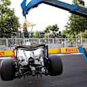 The car of Lewis Hamilton (GBR) Mercedes-Benz F1 W07 Hybrid is recovered after crashing out in Q3 at Formula One World Championship, Rd8, European Grand Prix, Qualifying, Baku City Circuit, Baku, Azerbaijan, Saturday 18 June 2016. © Sutton Images