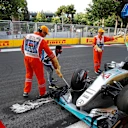 The car of Lewis Hamilton (GBR) Mercedes-Benz F1 W07 Hybrid is recovered by the marshals after crashing in Q3 at Formula One World Championship, Rd8, European Grand Prix, Qualifying, Baku City Circuit, Baku, Azerbaijan, Saturday 18 June 2016. © Sutton Images